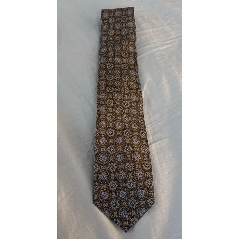 Brioni Mens Silk Tie Brown Blue Medallion Geometric 60” Handmade Italy 3.5”